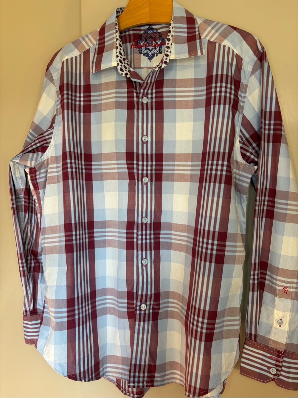 Robert Graham Maroon and White Plaid Dress Shirt Size L Classic Fit